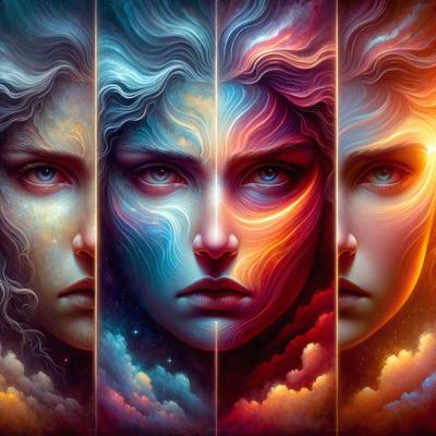 The image features a series of three paintings or illustrations of a woman's face. Each painting has a different color scheme, creating a visually striking and artistic display. The primary subject is the woman's face, and the setting is a cloudy sky, which serves as the backdrop for the paintings. The visual style is a combination of digital art and illustration, with the colors and mood being predominantly blue, red, and orange.